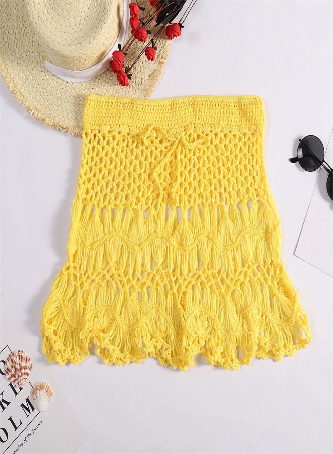 Solid Crochet Cut-Out Beach Skirt Yellow