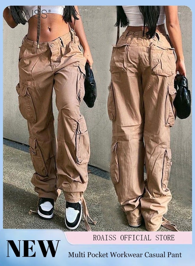 Women's Multi Pocket Work Pants Hip Hop Style Multi Pocket Low Waist Casual Pants (Khaki/XL)