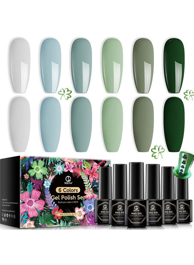 Gel Nail Polish Set Sage Pine Eucalyptus Turquoise Greenblue Misty Grey Colors Soak Off Long Lasting 6 Pcs Starter Kit Mori Style Nail Art Diy Design Salon Manicure Gift For Women Girls