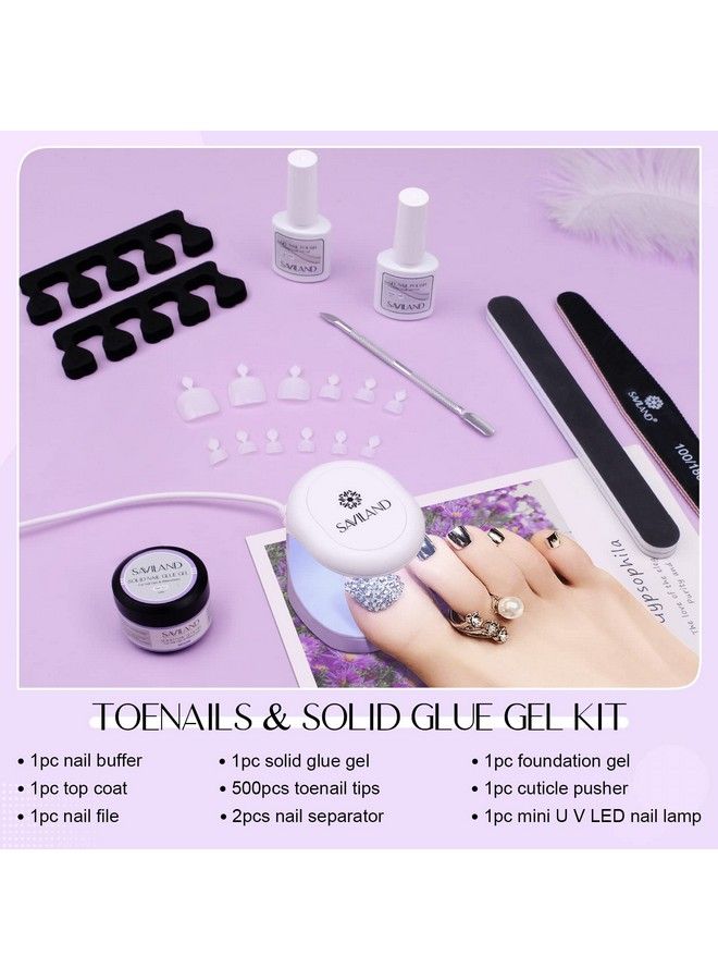 White Toe Nail Tips And Solid Glue Gel Kit 500 Pcs Full Cover Toenail Tips With Solid Nail Glue Gel Base & Top Coat U V Light Manicure Tools Kit For Nail Salon Home Diy