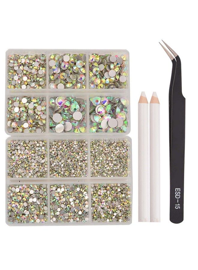 8000Pcs Non Hotfix Rhinestones 10 Sizes Flatback Crystal Glass Rhinestones With Tweezers And Picking Pen For Nail Art Clothes Bags Phone Decorations Crafts Diy (001Ab Crystal Ab Mix Ss3Ss30)