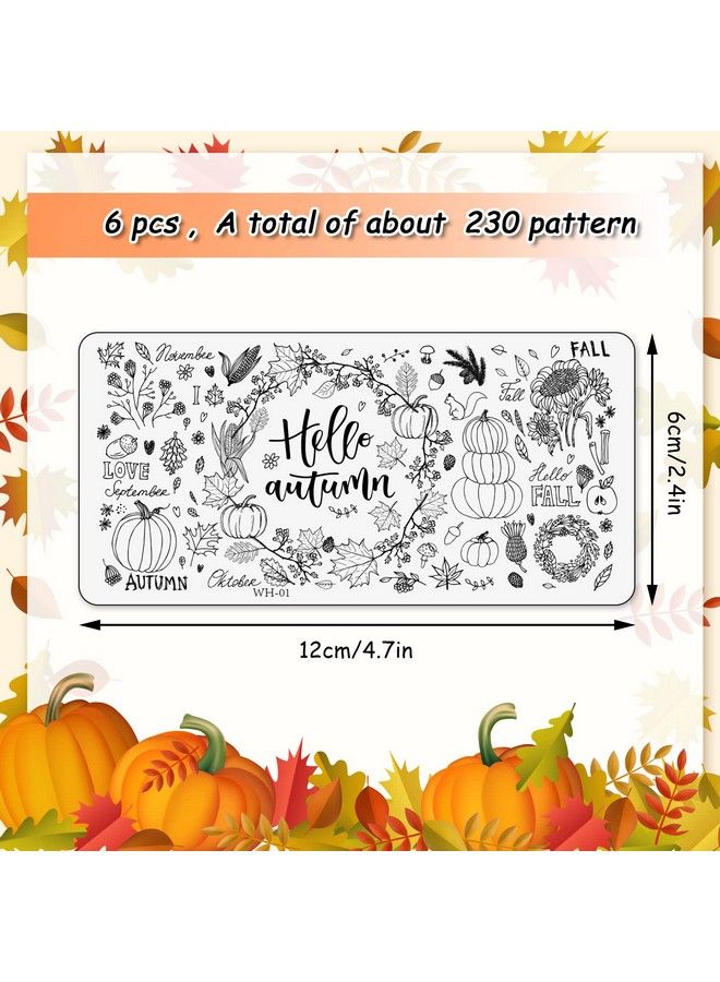 6Pcs Fall Thanksgiving Theme Nail Art Stamping Plate Kit Various Pattern Pumpkin Maple Autumn Blessing Collection Nail Art Plate For Thanksgiving Day Nail Art Design Diy Print Manicure Salon
