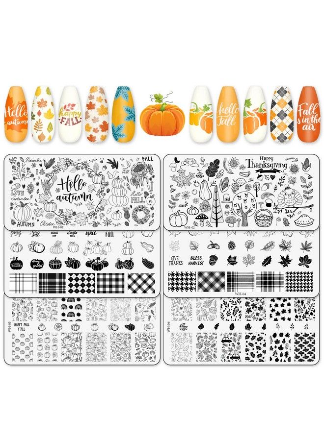 6Pcs Fall Thanksgiving Theme Nail Art Stamping Plate Kit Various Pattern Pumpkin Maple Autumn Blessing Collection Nail Art Plate For Thanksgiving Day Nail Art Design Diy Print Manicure Salon