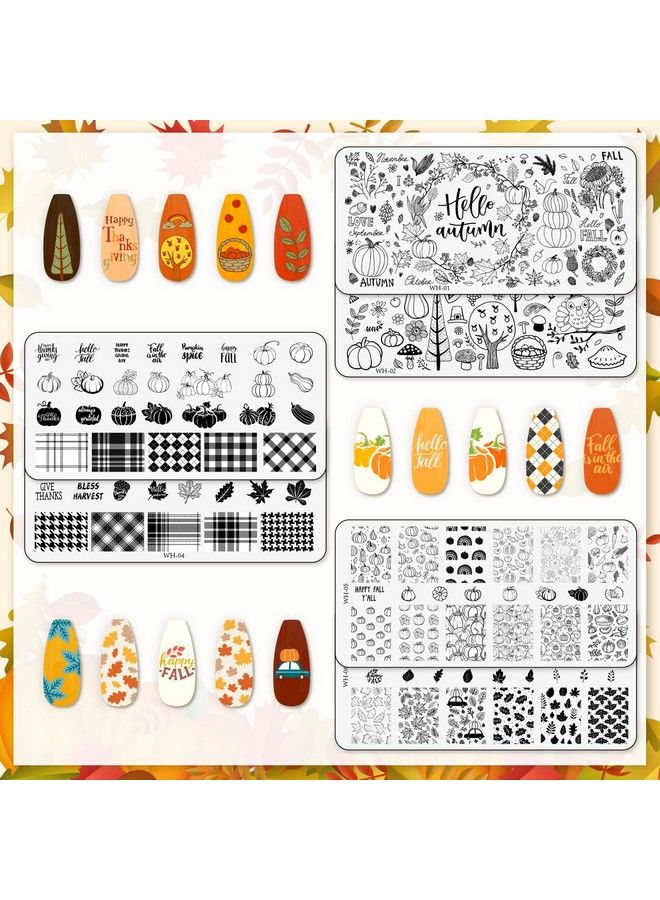 6Pcs Fall Thanksgiving Theme Nail Art Stamping Plate Kit Various Pattern Pumpkin Maple Autumn Blessing Collection Nail Art Plate For Thanksgiving Day Nail Art Design Diy Print Manicure Salon