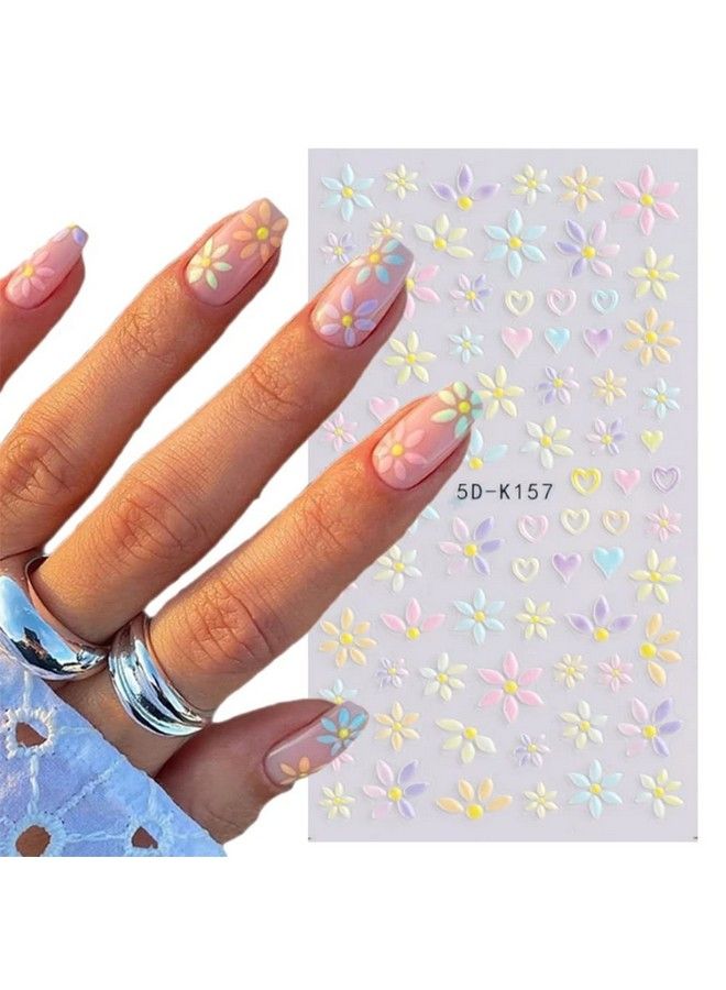 Daisy Nail Art Sticker 5D Exquisite Nail Art Supplies Flower White Floral Nail Decal 3D Selfadhesive Luxurious Colorful Daisy Exquisite Design Nails For Women And Girls Nail Decorations 4 Sheet