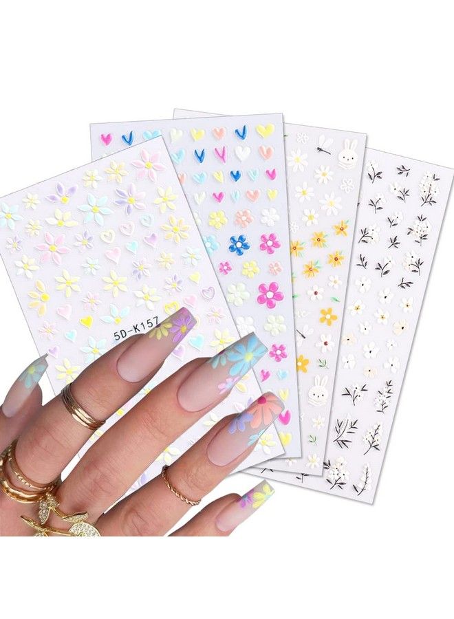 Daisy Nail Art Sticker 5D Exquisite Nail Art Supplies Flower White Floral Nail Decal 3D Selfadhesive Luxurious Colorful Daisy Exquisite Design Nails For Women And Girls Nail Decorations 4 Sheet