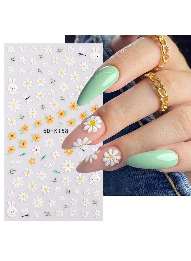 Daisy Nail Art Sticker 5D Exquisite Nail Art Supplies Flower White Floral Nail Decal 3D Selfadhesive Luxurious Colorful Daisy Exquisite Design Nails For Women And Girls Nail Decorations 4 Sheet