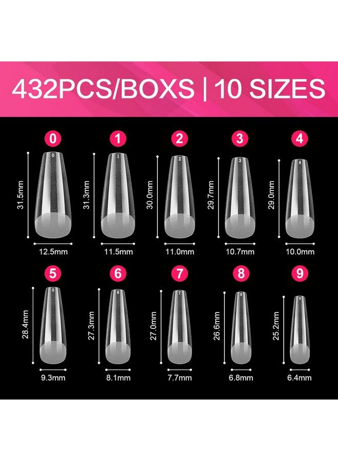 False Nail Tips 432Pcs Clear Matte Coffin Full Cover Nail Tips For Soak Off Nail Extension Acrylic False Press On Nails With Box For Nail Art Salon And Home Diy 10 Sizes