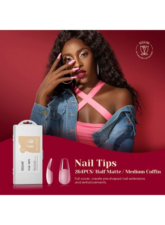 264Pcs Half Matte Medium Coffin Fake Nail Tipsrosalind Press On Nails Medium Coffin Full Cover False Nail Tips Diy Manicure Salon Artificial Extension Nails For Women(Onesided No File)