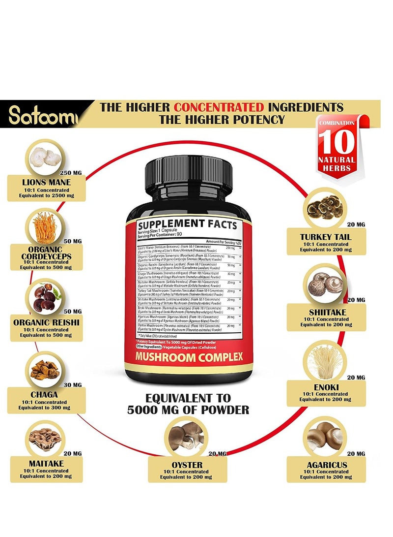 Mushroom complex capsules 5000 mg 90 caps 3 months supply with lions mane mushroom supplement cordyceps reishi chaga maitake shiitake enoki agaricus and others memory and immune support