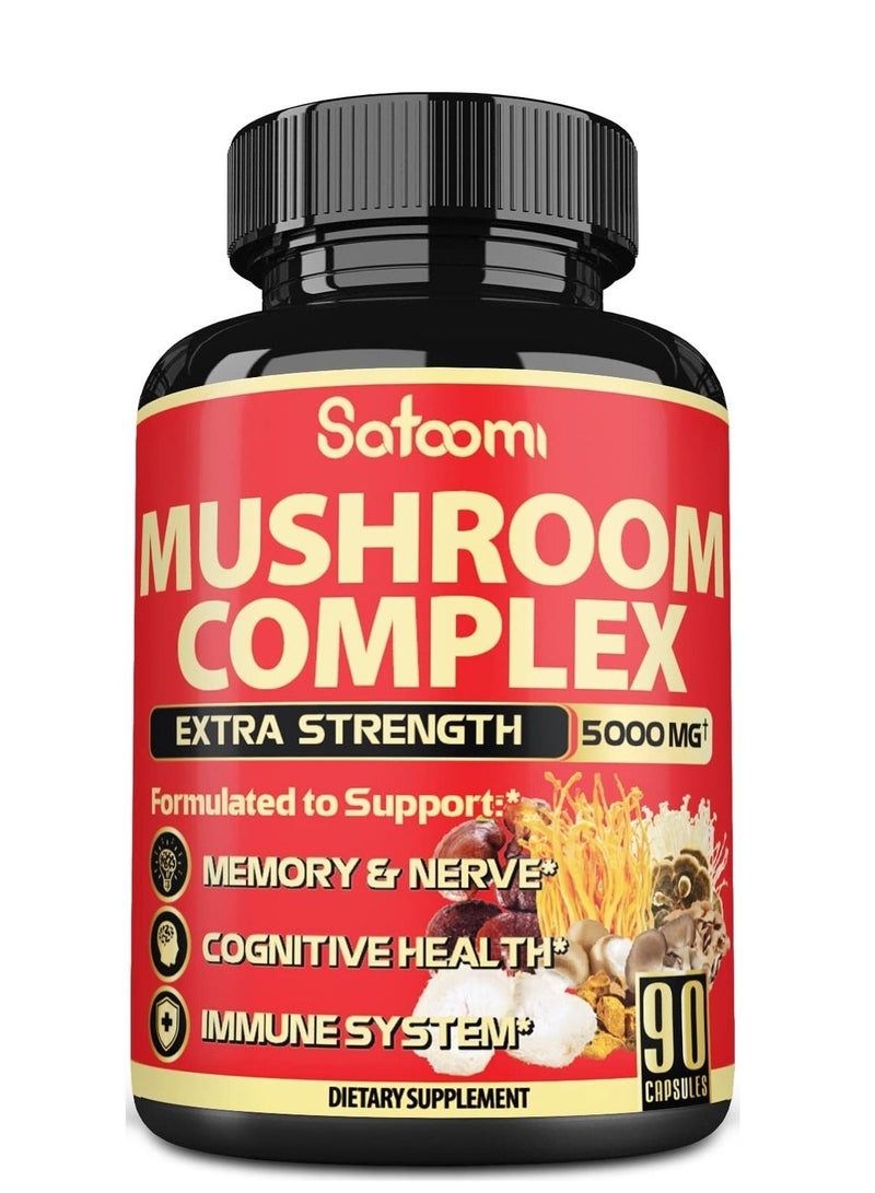 Mushroom complex capsules 5000 mg 90 caps 3 months supply with lions mane mushroom supplement cordyceps reishi chaga maitake shiitake enoki agaricus and others memory and immune support