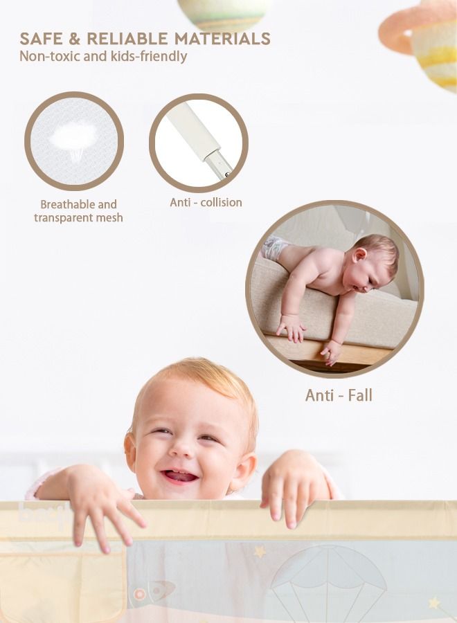 Baybee Bed Rail Guard Barrier for Baby Portable Safety Foldable Adjustable Height Falling Protector Fence Bedrail Single Side for Toddler 150 x 63cm Beige