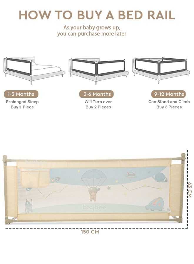 Baybee Bed Rail Guard Barrier for Baby Portable Safety Foldable Adjustable Height Falling Protector Fence Bedrail Single Side for Toddler 150 x 63cm Beige