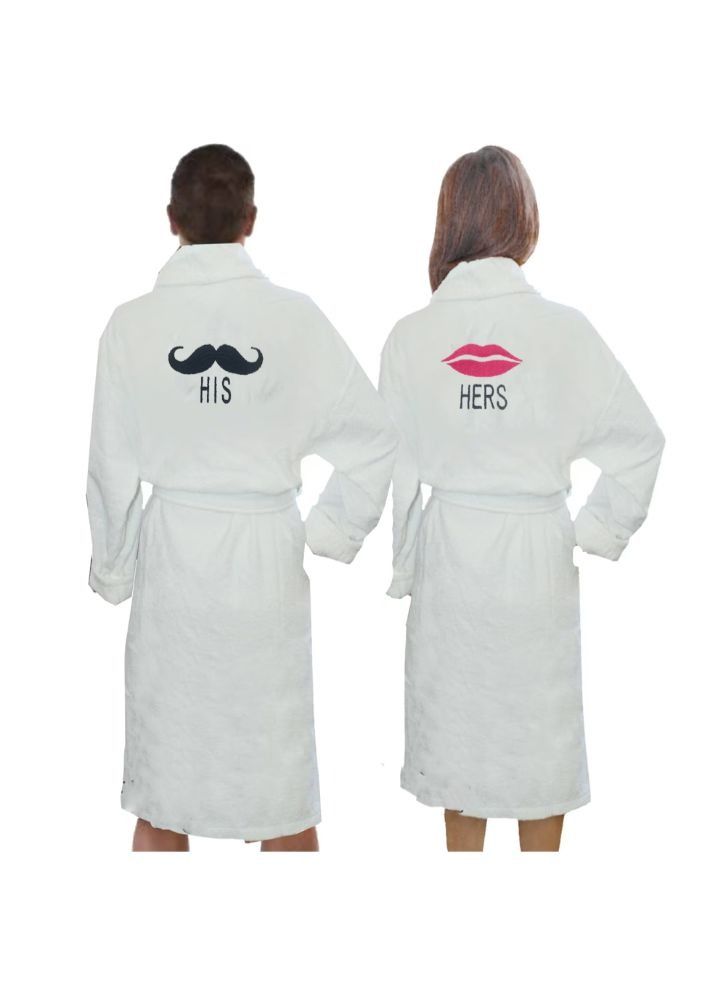 Embroidered For You (White) Luxury(His Moustache & Her Lips)Personalized Bathrobe-Set of 2,100% cotton,Highly Absorbent and Quick dry,Classic Hotel and Spa Quality Bath Linen 400 Gsm