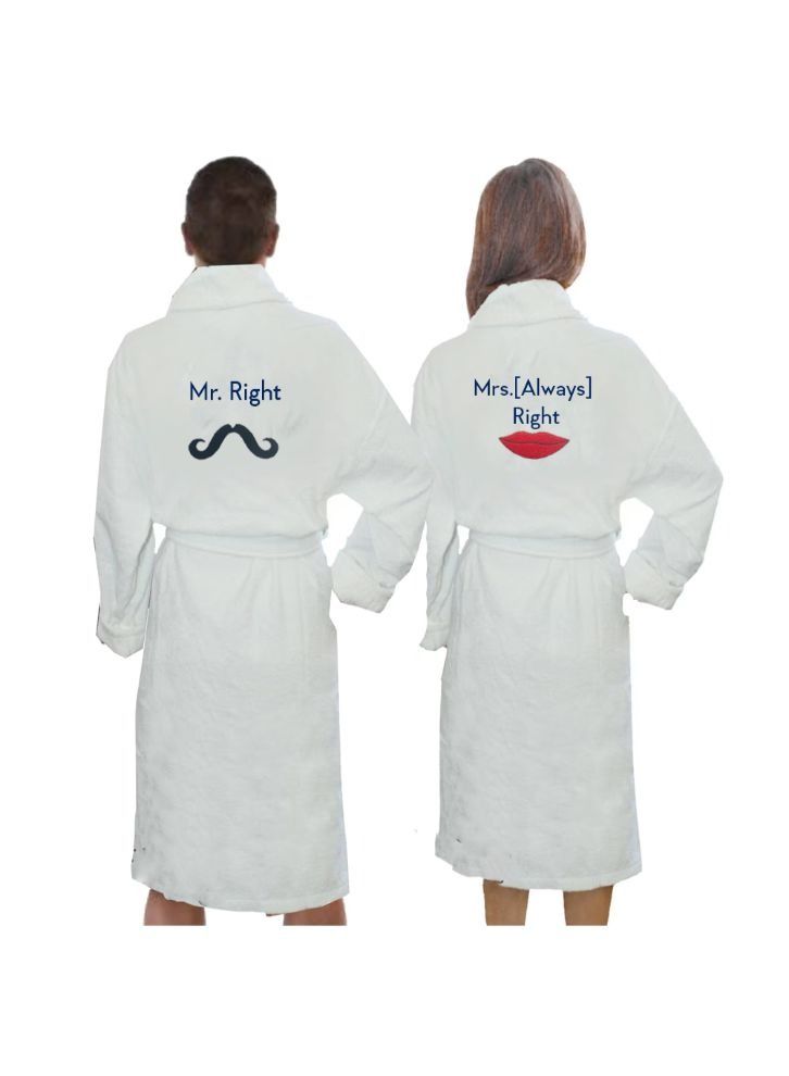 Embroidered For You (White) Luxury(Mr. Right & Mrs. Always Right)Personalized Bathrobe-Set of 2 100% cotton-Highly Absorbent and Quick dry-Classic Hotel and Spa Quality Bath Linen 400 Gsm