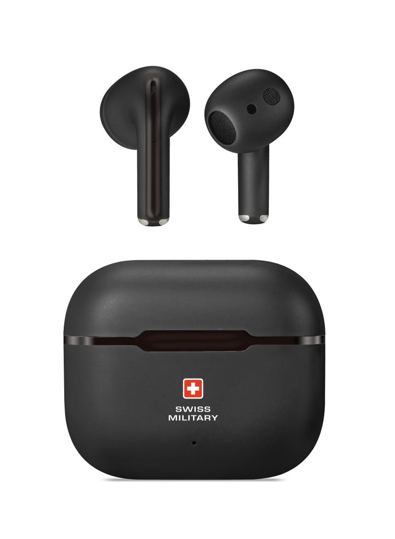 Swiss Military Victor 2 TWS ENC Noise cancelling buds with Deep Bass, mic for Calls & High Definition Audio, Type-C Charging, Auto Pairing- Black