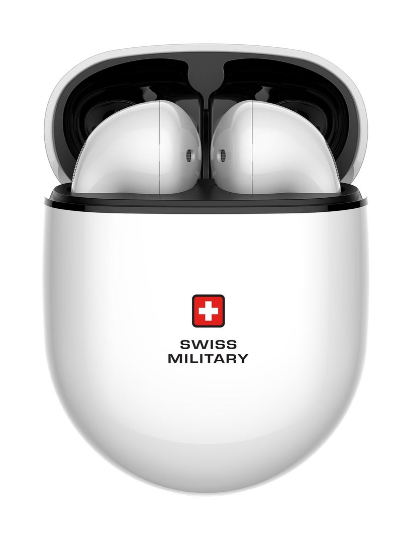 Swiss Military Delta 2 True Wireless Earbuds with ENC Noise Cancelling,HD Audio & Calls, Type-C Fast Charging, Auto Pairing & Connectivity. Compatible with iPhone, Samsung, and Other Smartphone-White