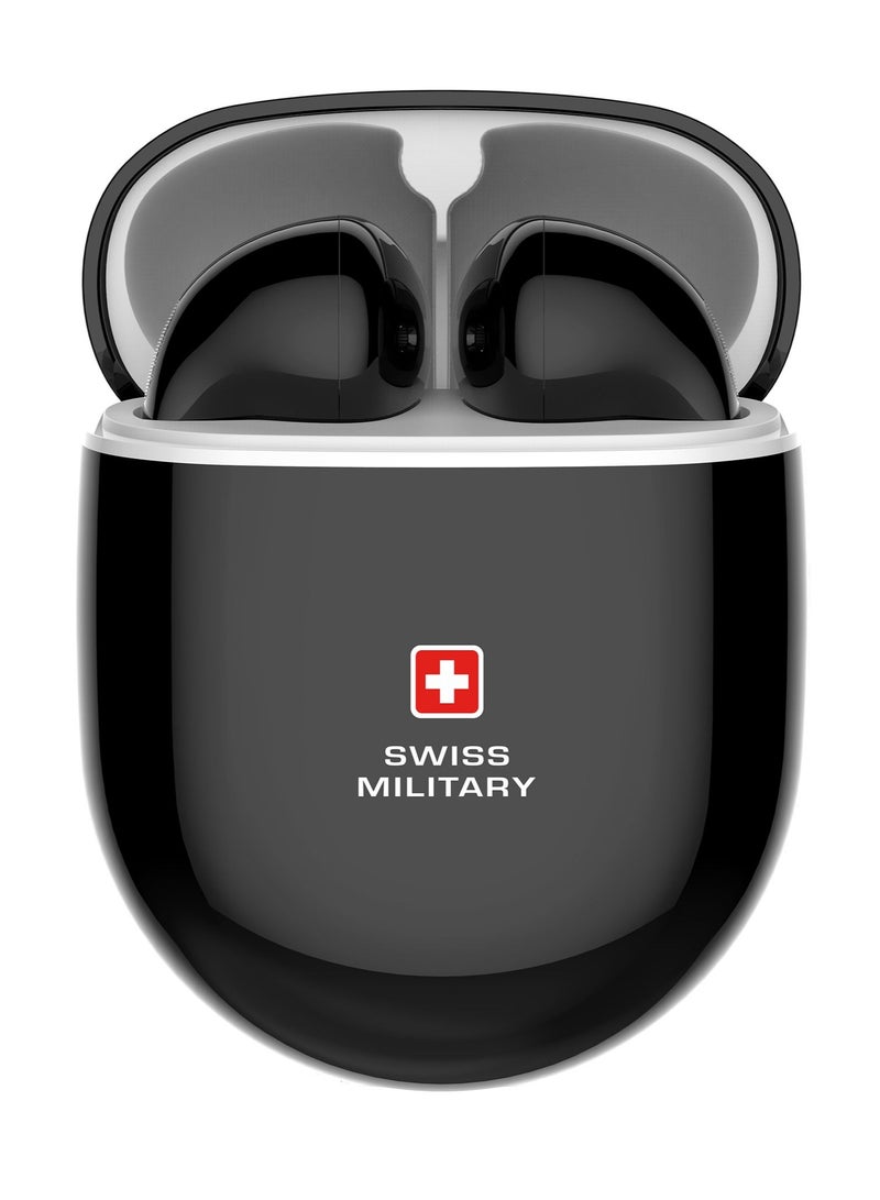 Swiss Military Delta 2 True Wireless Earbuds with ENC Noise Cancelling, HD Audio & Calls, Type-C Fast Charging, Auto Pairing & Connectivity. Compatible with iPhone, Samsung & Other Smartphone - Black