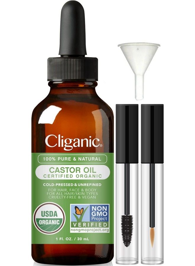 Organic Castor Oil 100% Pure (1oz with Eyelash Kit) For Eyelashes Eyebrows Hair & Skin