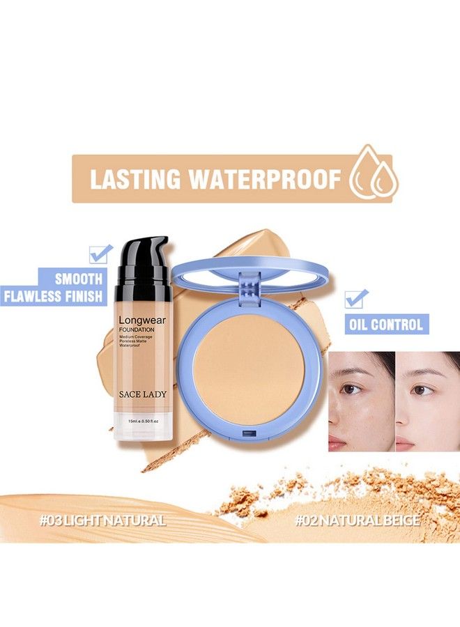 2Pcs Face Make Up Set Flawless Matte Foundation and Oil Control Pressed Powder Lasting Waterproof Natural Cosmetics Kit