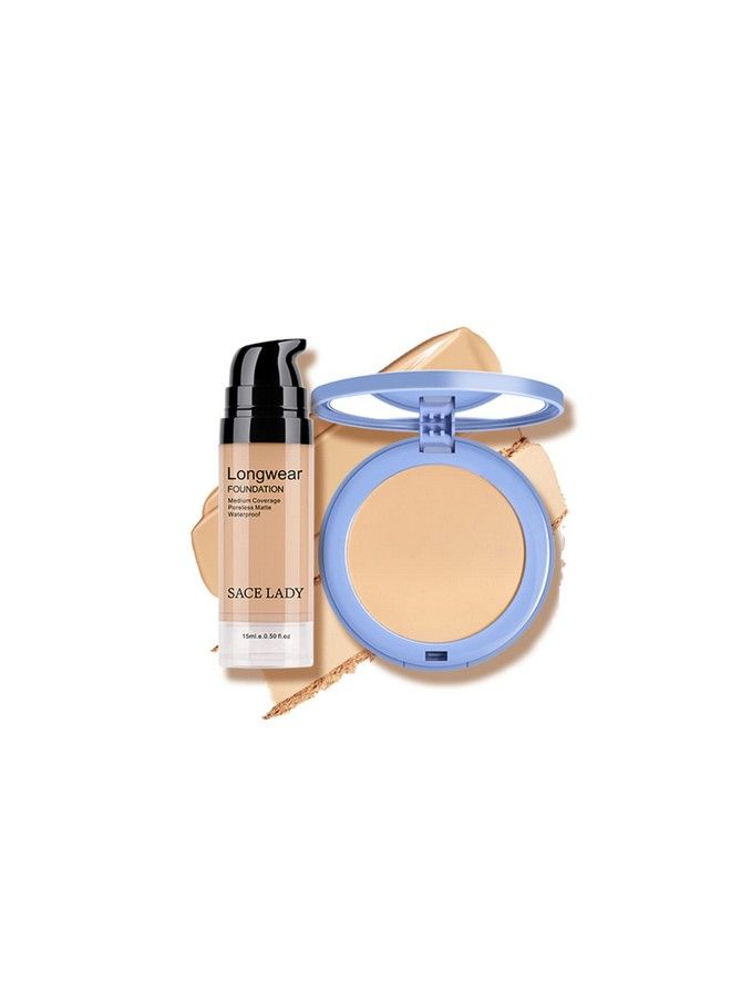 2Pcs Face Make Up Set Flawless Matte Foundation and Oil Control Pressed Powder Lasting Waterproof Natural Cosmetics Kit