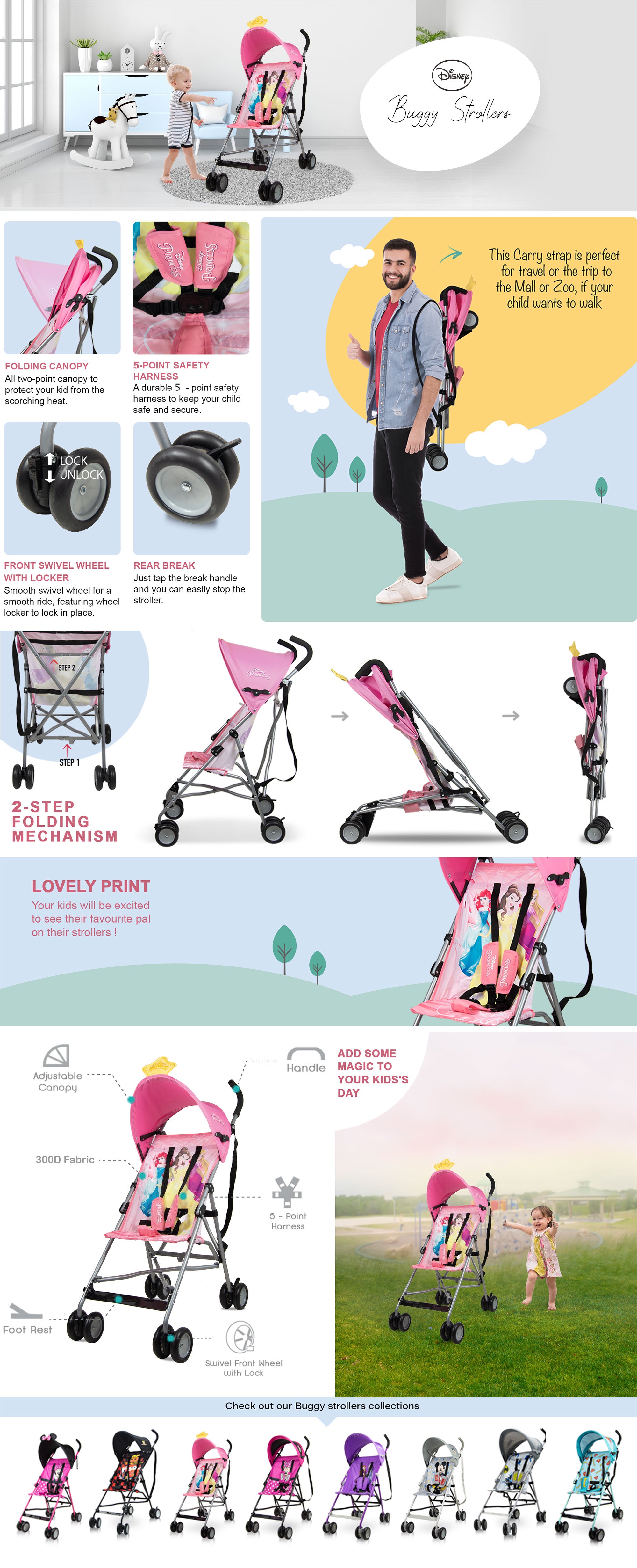 Princess 3D Crown Lightweight Buggy Stroller | 3 - 36 Months, Rear Breaks, Shoulder Strap