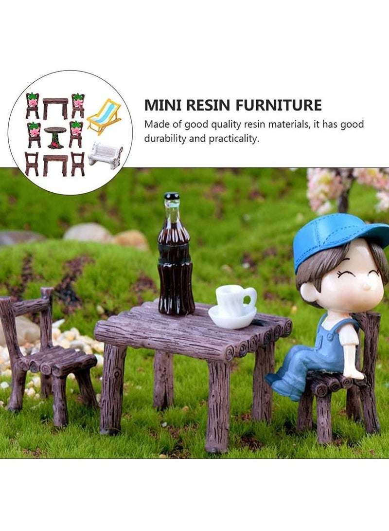 Micro Furniture Ornaments, 11Pcs Fairy Garden Ornaments Miniature Table and Chairs Set Village for Dollhouse Accessories Home Landscape Decoration