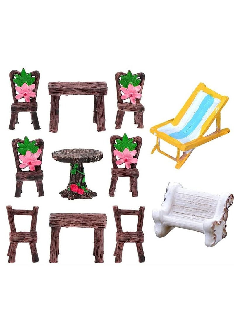 Micro Furniture Ornaments, 11Pcs Fairy Garden Ornaments Miniature Table and Chairs Set Village for Dollhouse Accessories Home Landscape Decoration