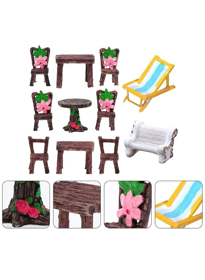 Micro Furniture Ornaments, 11Pcs Fairy Garden Ornaments Miniature Table and Chairs Set Village for Dollhouse Accessories Home Landscape Decoration