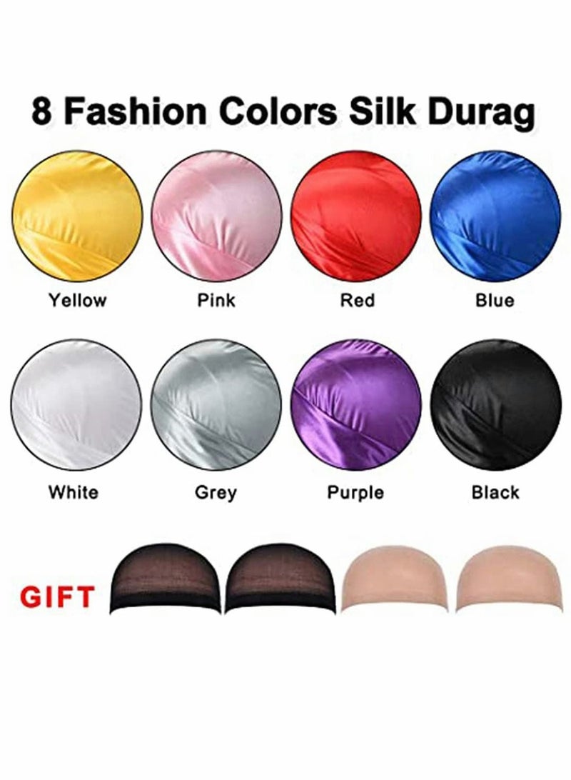 8 Pack Silk for Durag Men and Women Satin Silky Long Tail Headwrap Breathable Turban Hat, Stocking Cap Sliky Wide Straps Pirate Hat