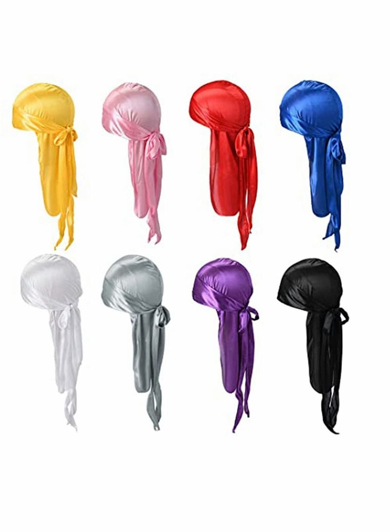 8 Pack Silk for Durag Men and Women Satin Silky Long Tail Headwrap Breathable Turban Hat, Stocking Cap Sliky Wide Straps Pirate Hat