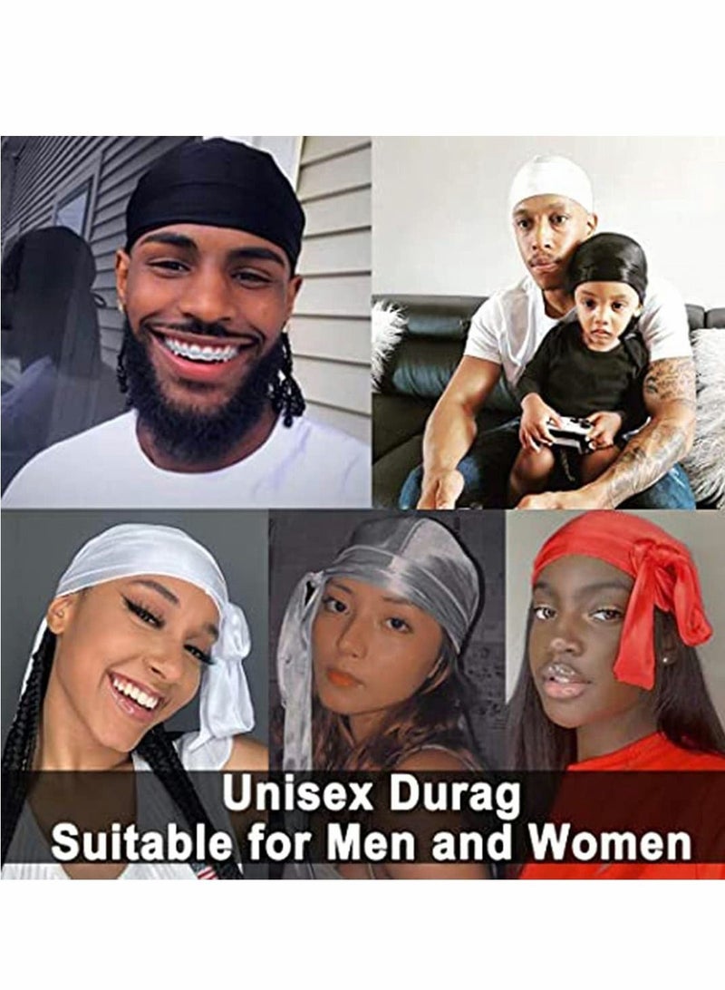 8 Pack Silk for Durag Men and Women Satin Silky Long Tail Headwrap Breathable Turban Hat, Stocking Cap Sliky Wide Straps Pirate Hat