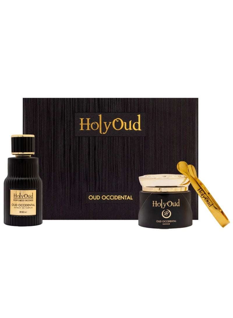 Holy Oud Fragrance Gift Set Oud Occidental Extrait De Parfum + Bakhoor + Incense Burner Tongs