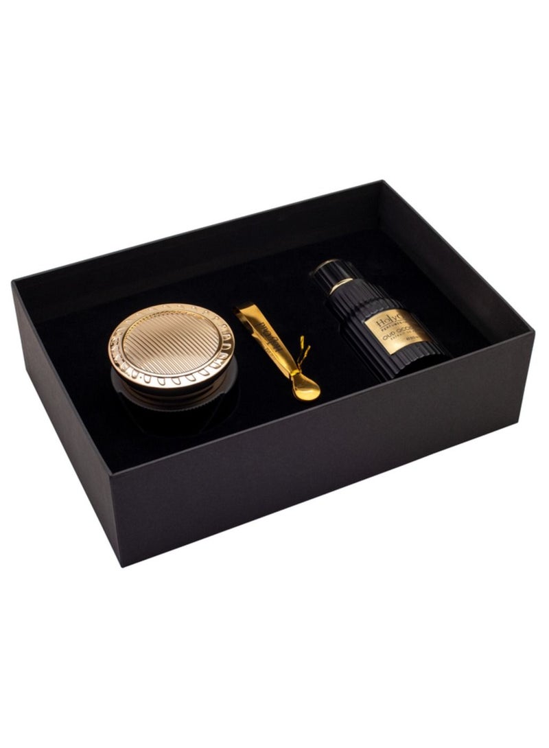 Holy Oud Fragrance Gift Set Oud Occidental Extrait De Parfum + Bakhoor + Incense Burner Tongs