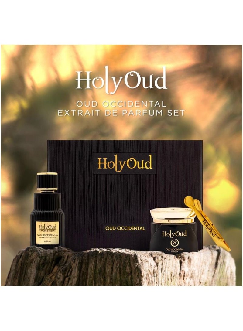 Holy Oud Fragrance Gift Set Oud Occidental Extrait De Parfum + Bakhoor + Incense Burner Tongs