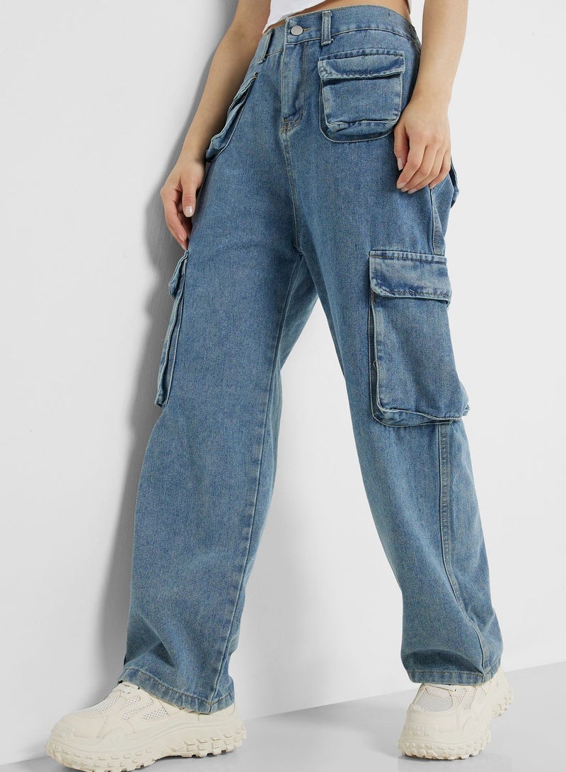 Multi-Pocket Straight Leg Cargo Jeans