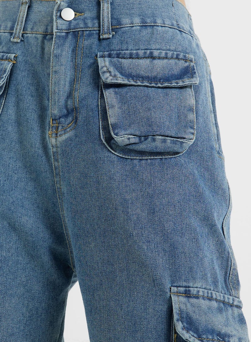 Multi-Pocket Straight Leg Cargo Jeans