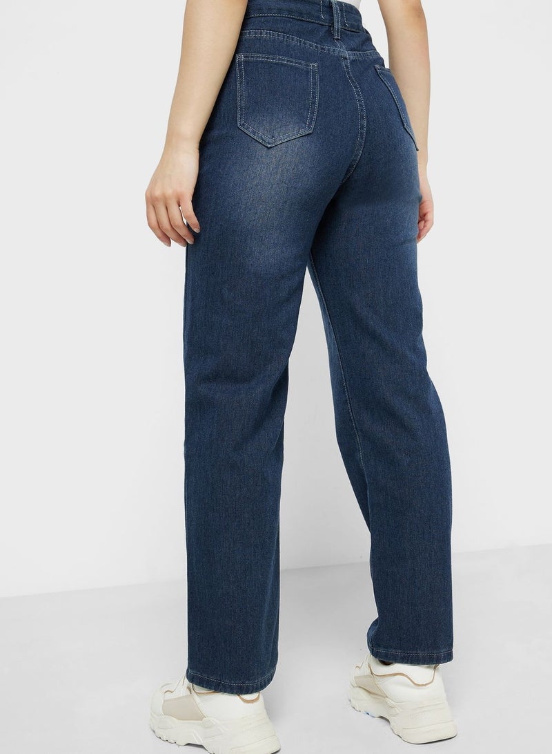 Straight Fit Jeans With Pleated Detail