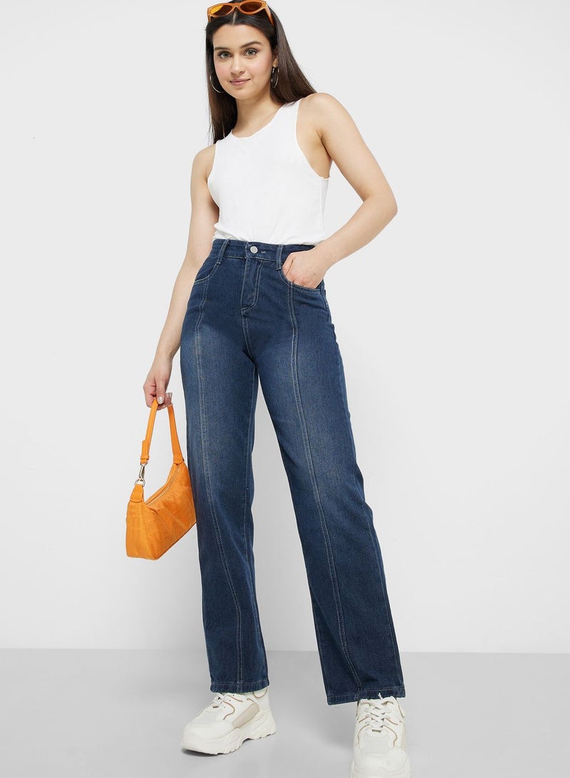 Straight Fit Jeans With Pleated Detail