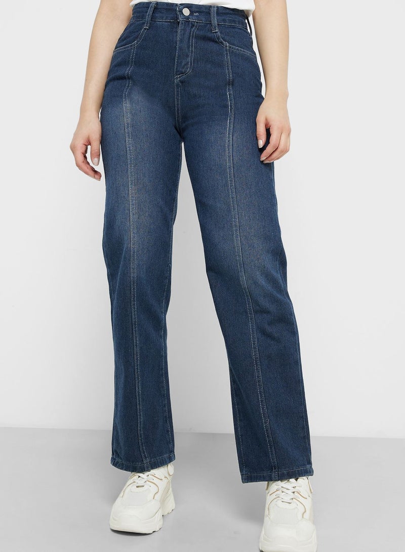 Straight Fit Jeans With Pleated Detail