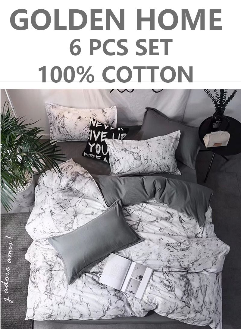 6-Piece Printed Combination King Size Duvet Cover Set  Includes 1xFitted Bedsheet 200x200+30cm, 1xDuvet Cover 220x240 cm, 2xPillowcase 55x80cm, 2xCushion Case 50x75cm Cotton