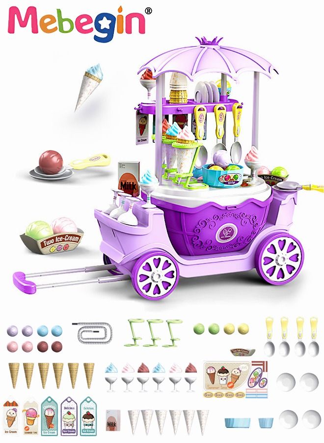 69 Pieces Ice Cream Cart and Pretend Play Food Set, 4 in 1 Simulation Ice-Cream Trolley Truck Kit, Mini Ice Cream Toys, Play House Toy, Ideal Gift for Kids Aged 3+