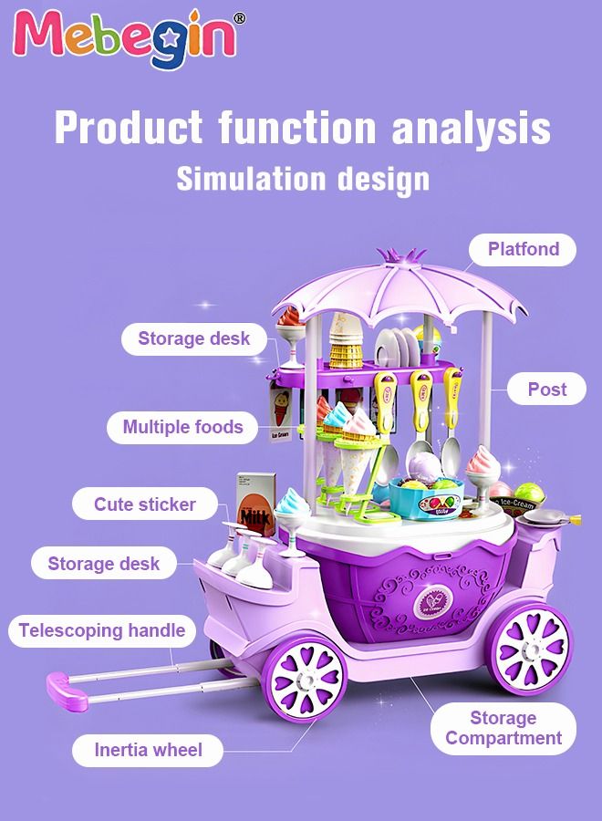 69 Pieces Ice Cream Cart and Pretend Play Food Set, 4 in 1 Simulation Ice-Cream Trolley Truck Kit, Mini Ice Cream Toys, Play House Toy, Ideal Gift for Kids Aged 3+