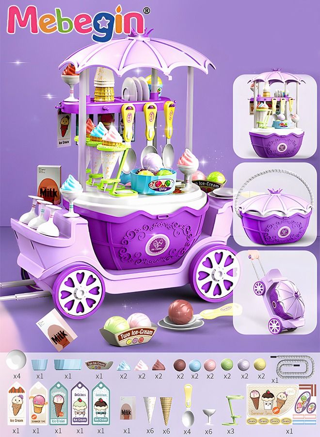 69 Pieces Ice Cream Cart and Pretend Play Food Set, 4 in 1 Simulation Ice-Cream Trolley Truck Kit, Mini Ice Cream Toys, Play House Toy, Ideal Gift for Kids Aged 3+