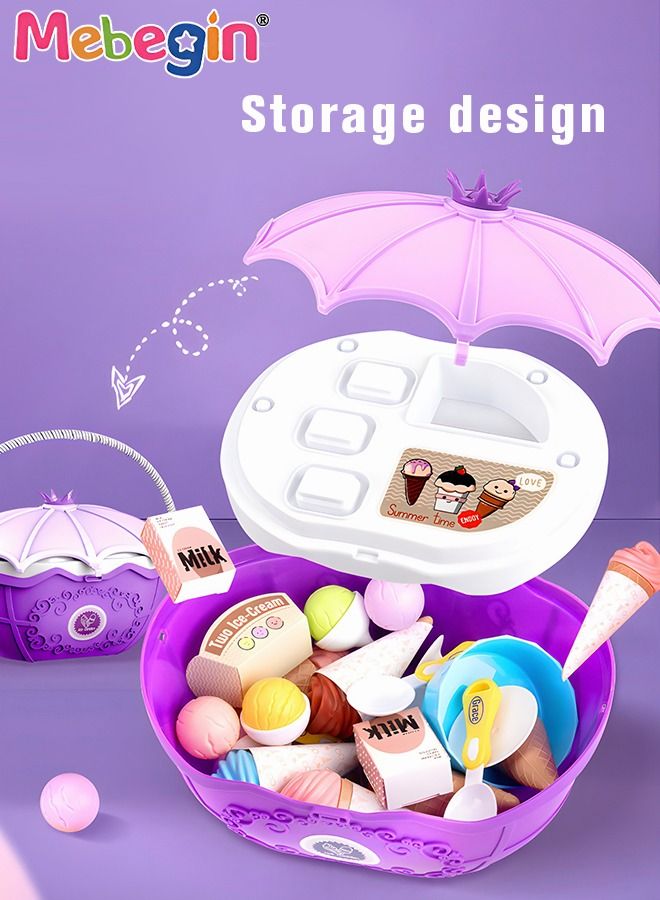 69 Pieces Ice Cream Cart and Pretend Play Food Set, 4 in 1 Simulation Ice-Cream Trolley Truck Kit, Mini Ice Cream Toys, Play House Toy, Ideal Gift for Kids Aged 3+