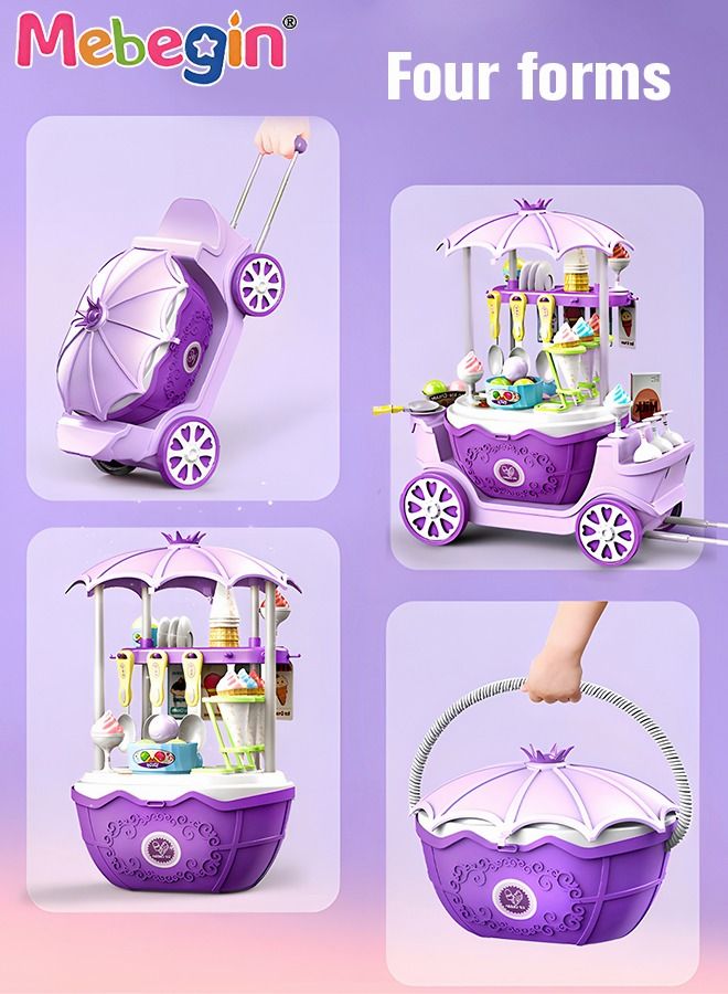 69 Pieces Ice Cream Cart and Pretend Play Food Set, 4 in 1 Simulation Ice-Cream Trolley Truck Kit, Mini Ice Cream Toys, Play House Toy, Ideal Gift for Kids Aged 3+