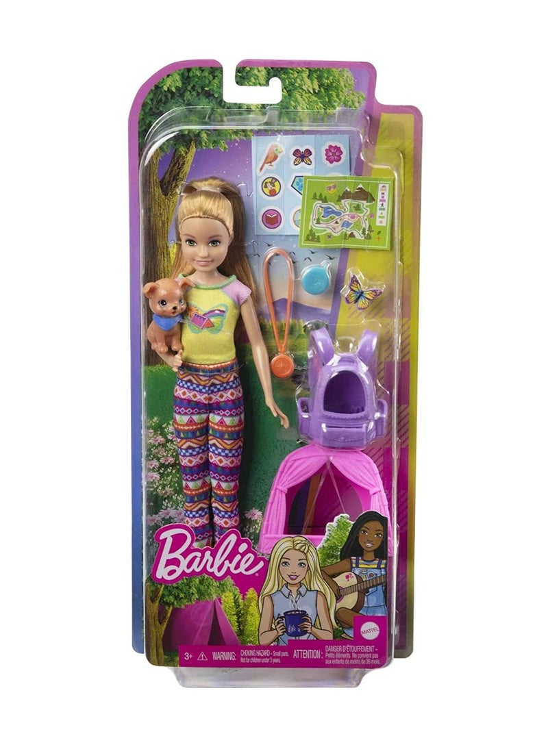 Barbie It Takes Two Camping Playset with Stacie Doll (~9 in), Puppy, Pet Tent, Pet Carrier, Sticker Sheet & Camping Accessories,