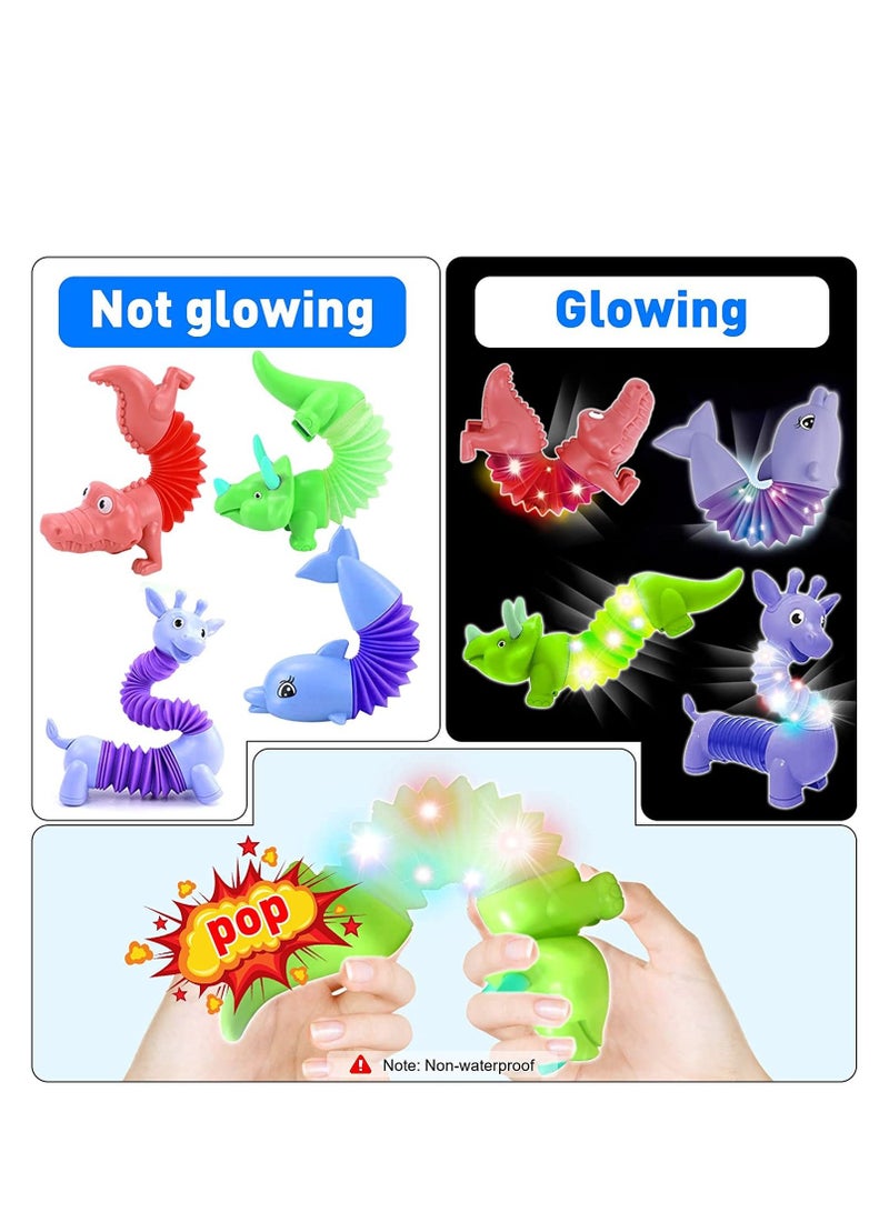 Glow Animal Toy Bendable Pop Tubes Fidget Toy Funny Light Up Dinosaur Crocodile Giraffe Dolphin Set Stress Relief for Boys Girls Autism Kids 4PCS