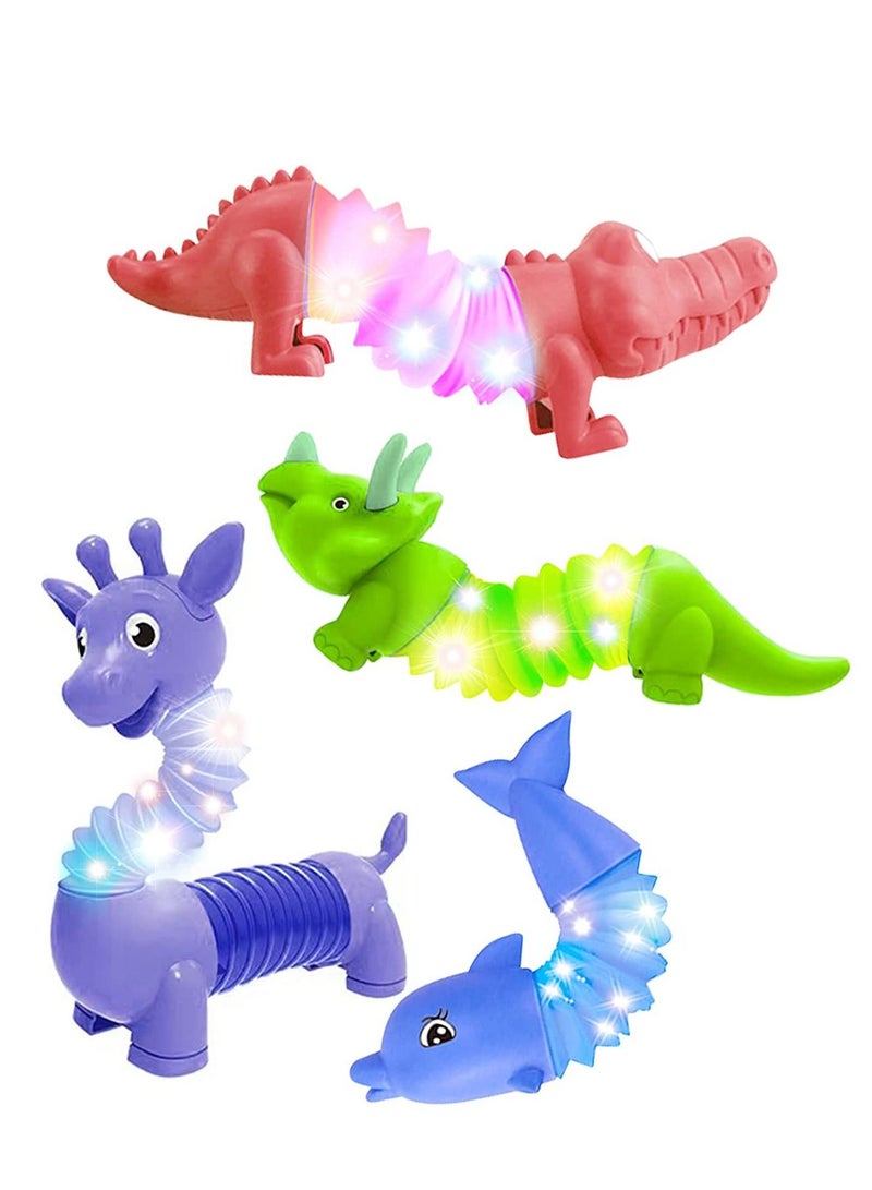 Glow Animal Toy Bendable Pop Tubes Fidget Toy Funny Light Up Dinosaur Crocodile Giraffe Dolphin Set Stress Relief for Boys Girls Autism Kids 4PCS