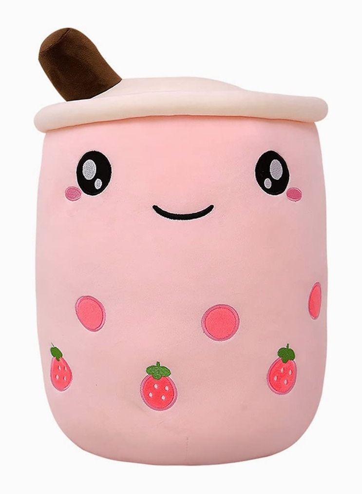 SYOSI Cute Milk Tea Cup Stuffed Boba Food Shaped Plush Toy for Kids (Pink Strawberry, 9.4In)